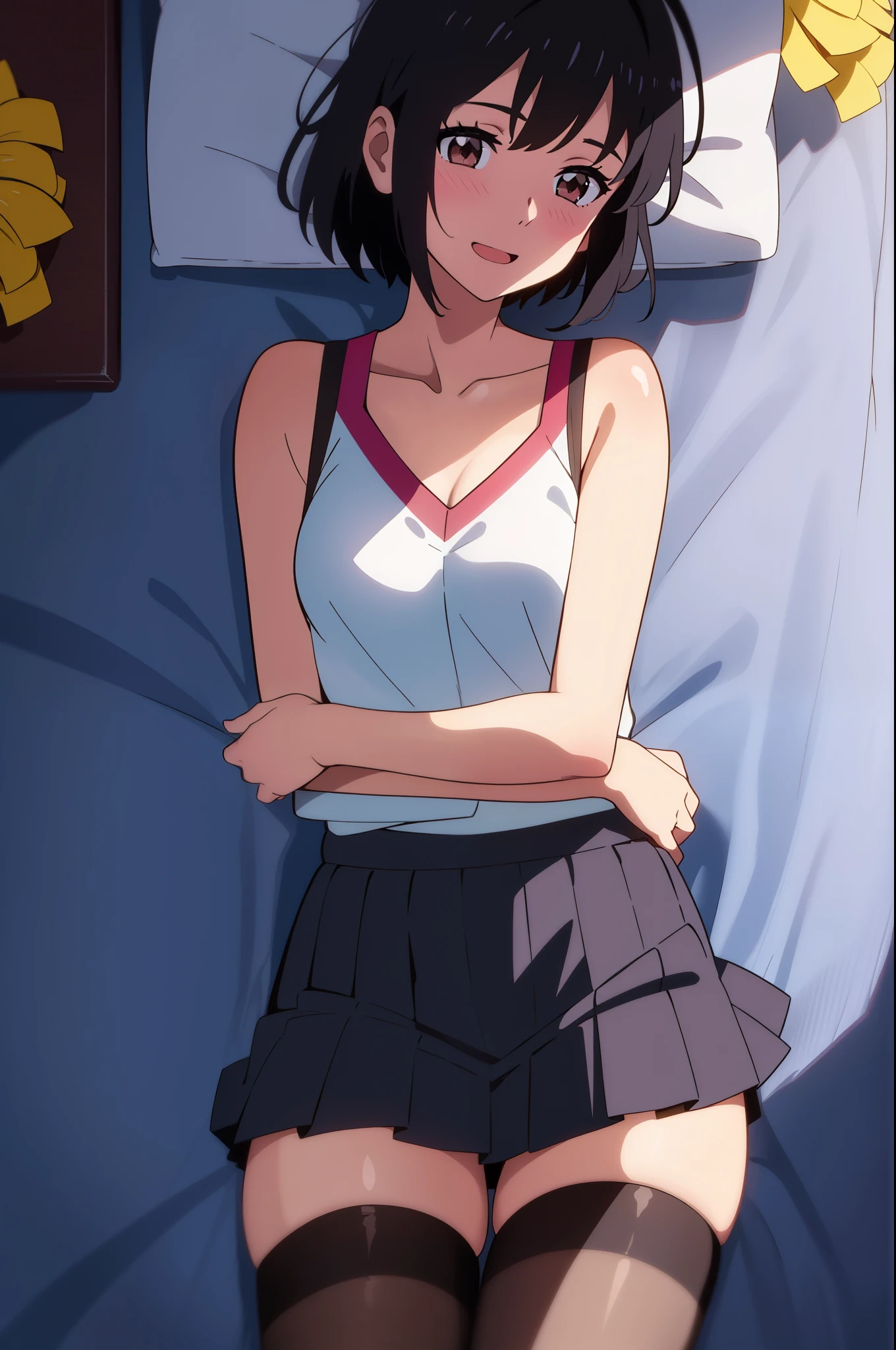 shinkai makoto, kimi no na wa., 1girl, bangs, bed sheet, black hair, blush, breasts, medium breast, brown eyes, red bow, short hair, solo, upper body, white long sleeve shirt, cowboy shot, groin, lying, medium breasts, on back, grey skirt, bedroom, skirt lift, gray skirt, showing pink panties