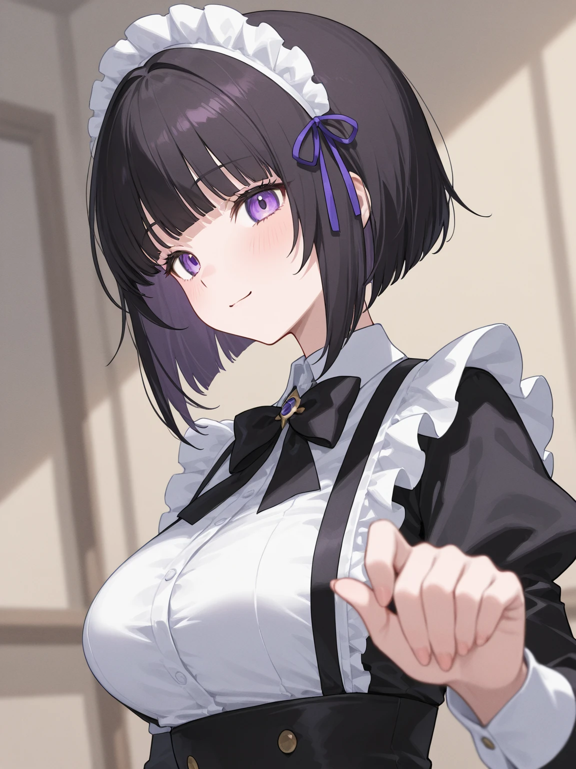 generate an anime character who wears all black, white shirt, has black hair and gray eyes, and has a purple right arm