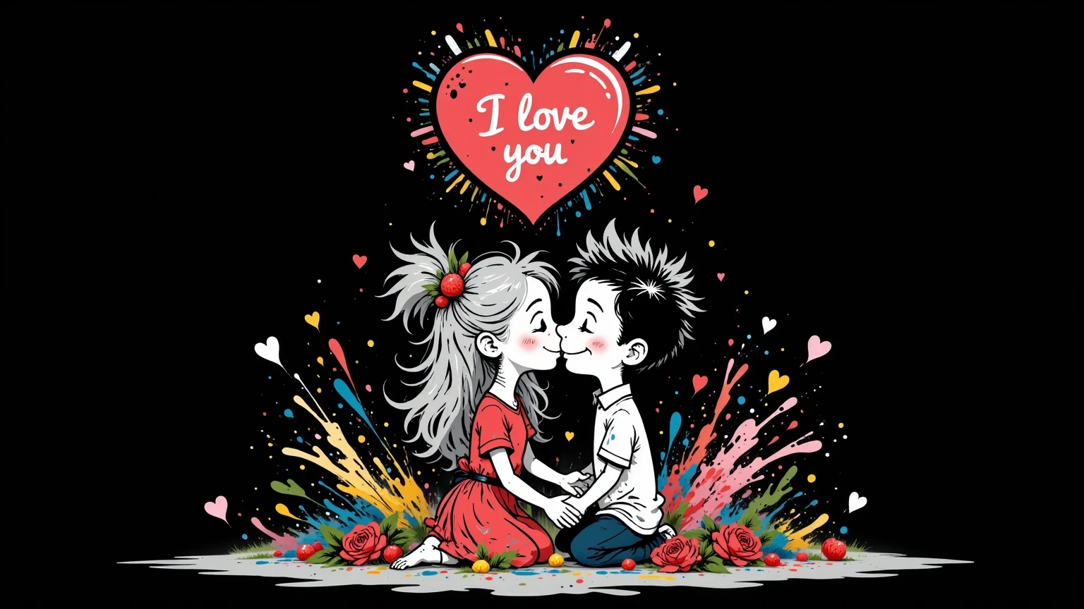 A couple of a couple a boy and a girl, kiss under a neon heart with the strawberry "I love you". The girl has long silver hair., The boy has wavy black hair. Black, background with a splash with pastel colors jumping, hearts, kisses and falling rose petals,