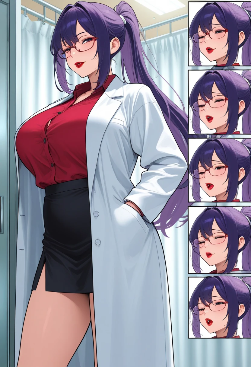 (highres, high quality, best quality:1.3), intricate details, vibrant image, colorful, volumentric lighting, bibleblack, Hiroko Takashiro, 1girl, solo, cowboy shot, (from below:1.2), looking down, looking at viewer, eye contact, (spread legs:1.2), (skirt tug:1.3), (hands on skirt, holding skirt:1.2), indoors, medical room, blush, shy, embarrassed, open mouth [black hair:red hair:25], short hair, lipstick, eyelashes, purple eyes, detailed eyes, detailed face, jewelry, open labcoat, purple shirt, turtleneck, cleavage cutout, pencil skirt, grey thighhighs, curvy, huge breasts, cleavage, thighs, juice stain, juice