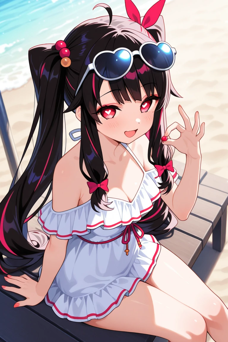 ishtar, <lora:ishtar-lora-nochekaiser:1>, 
ishtar, ahoge, black bow, bow, black hair, earrings, hair bow, hair ornament, jewelry, long hair, (red eyes:1.5), (parted bangs:1.5), (small breast:1.2),
BREAK asymmetrical legwear, collarbone, fur trim, fur-trimmed hood, fur-trimmed legwear, hood, hood down, hooded jacket, hoop earrings, jacket, long sleeves, one-piece swimsuit, (pink jacket:1.2), pink legwear, puffy long sleeves, puffy sleeves, single thighhigh, swimsuit, swimsuit under clothes, thighhighs, tree, two side up, uneven legwear, white one-piece swimsuit,
BREAK outdoors, beach,
BREAK looking at viewer, cowboy shot,
BREAK <lyco:GoodHands-beta2:1>, (masterpiece:1.2), best quality, high resolution, unity 8k wallpaper, (illustration:0.8), (beautiful detailed eyes:1.6), extremely detailed face, perfect lighting, extremely detailed CG, (perfect hands, perfect anatomy),