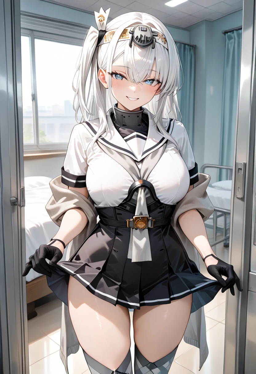 top-quality、Full limbs、complete fingers、Slender beauty、a 25yo woman、straight haired、Silvery head hair、((Black Nurse Leotard))、((Black nurse hat))、Brown Pantyhose、Shuoru、A big smile、borgar、castle town、Walking