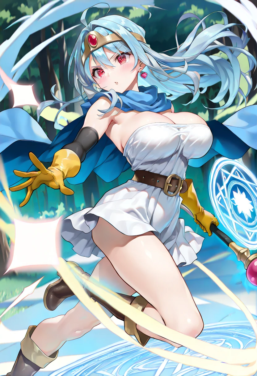 dark magician girl, mksks style, (Highly detailed background:1.0), (Highly detailed background:1.0), masterpiece, highest quality, (One girl), alone, (forest), Long Hair, bionde, Blue hat, Wizard Hat, Casting a Spell, nature, wood:1.2, Motion Blur, magic, (moonlight:1.2), chromatic aberration, Depth of written boundary, Soft lighting, Highly detailed face, Highly detailed eyes ,((highest quality)), ((masterpiece)), ((Perfect Face))、Cow print bikini、Cat ear