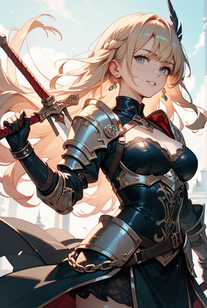ponytail、Blonde、armor、Gauntlet、dress、garter belt、stockings、sword