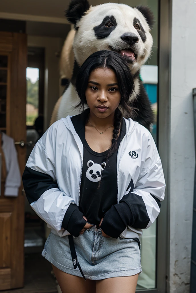 HalleBailey, 1girl, waist up, thick eyebrows, very dark skin, dark-skinned female, dimples, detailed face+black eyes, closed mouth, smile, black hair, wearing a white pullover hoodie , background: sitting in a chair inside of a coffee shop with a built-in fireplace , windows and a Starbucks sign, solo, upper body, <lora:hallebailey:1>