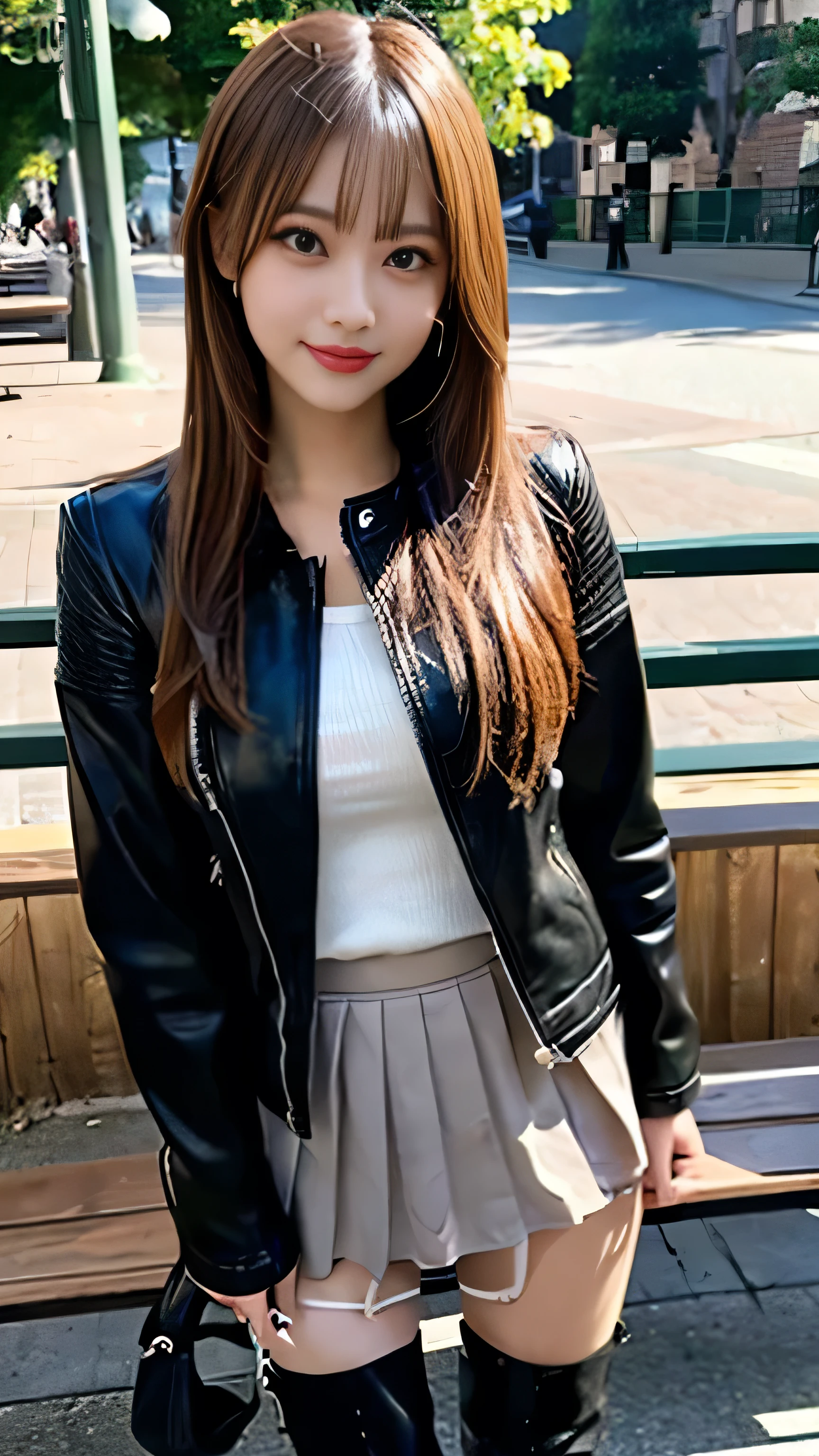 ((masterpiece,best quality)),8k wallpaper,1girl, long hair, red hair, solo, dress, red eyes, looking at viewer, long sleeves, standing, building, white dress, gloves, hair ornament, black jacket, smile, floating hair, dutch angle, closed mouth, looking away, outdoors
