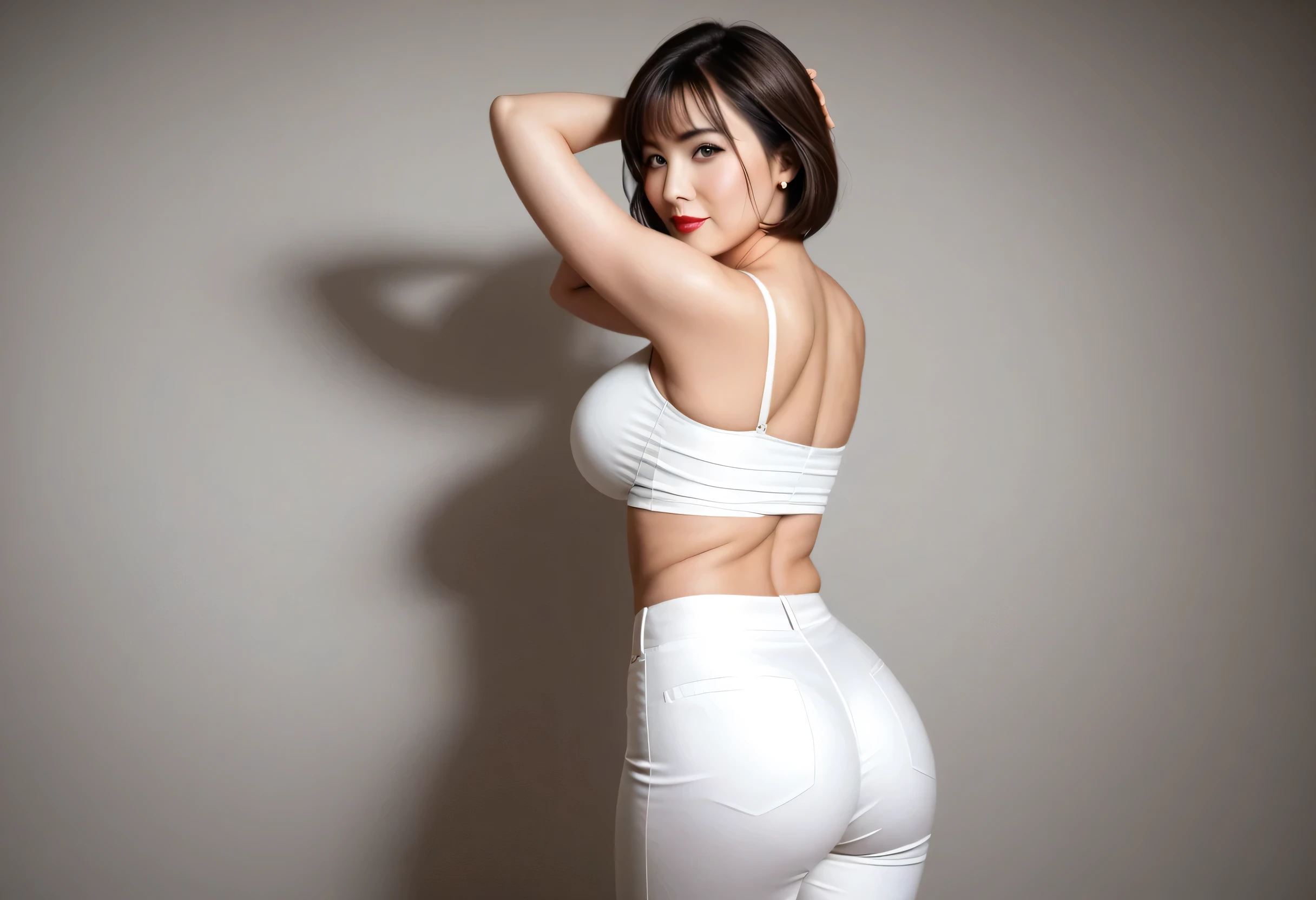 (Photorealistic:1.4),(Best Definition:2.0),(Ultra High Definition:1.0),16K,(Masterpiece:1.5),High Detail,(pureerosface_v1:1.5),Female 1,Japan Female,Ultra Detailed Skin,Ultra Fine,(drooping eyes),Big eyes,Brown eyes,Small breasts,(Medium hair with bangs:1.2),Lips shining pink,Skin is wet and shiny,(Sexual arousal:1.2),(white slack pants), office,with back to camera,beautiful shape ass,ass up,office lady,26 years old,dynamic lighting,from below