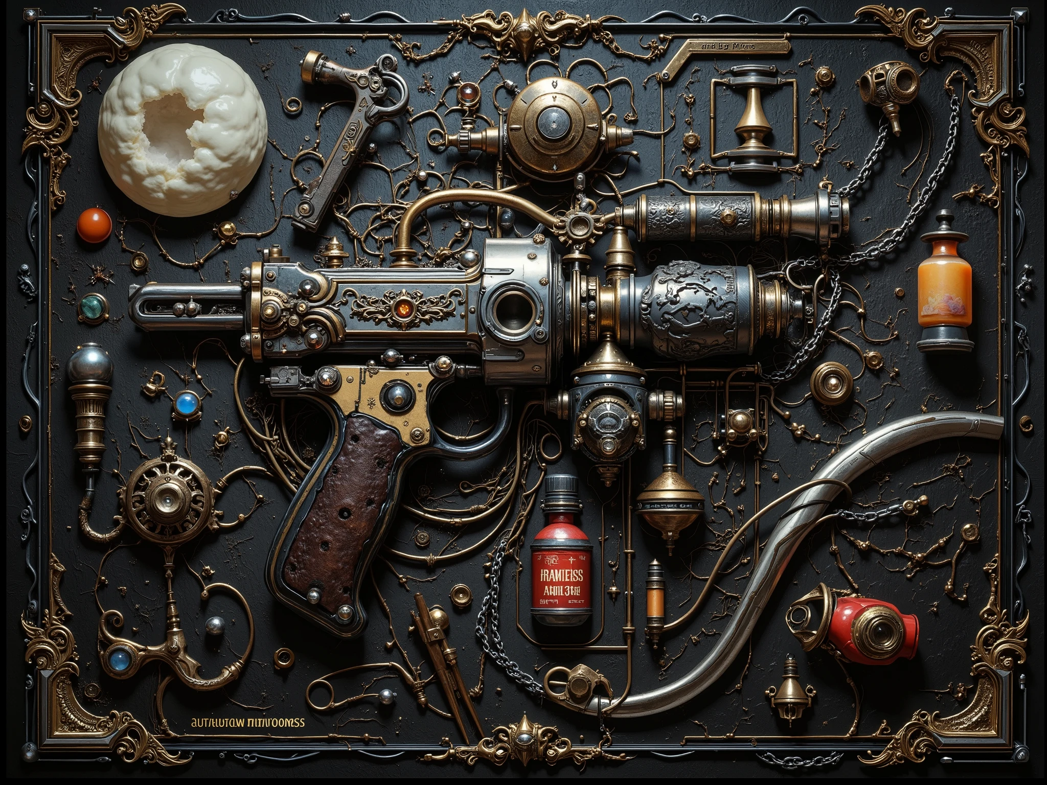 Masterpiece, ultra-detailed, surreal sci-fi video game item codex interface. The central focus is the legendary item 'Yao Ni Ming 3000': a bizarre and intricate assembly of a fruit knife, a bicycle chain, a gas canister, a vial of shimmering poison, a hand grenade, and a triangular file, all bound together by heavy, dark chains. The UI is sophisticated and futuristic, clearly displaying the item's name 'Yao Ni Ming 3000', its effect 'Useless', and its acquisition method 'Only appears in legends'. Art Style: Exquisite and mature video game concept art, professional quality, hyper-detailed PBR textures, cinematic lighting, imaginative composition, precise rendering, creatively bold and unique aesthetic, high resolution, award-winning.