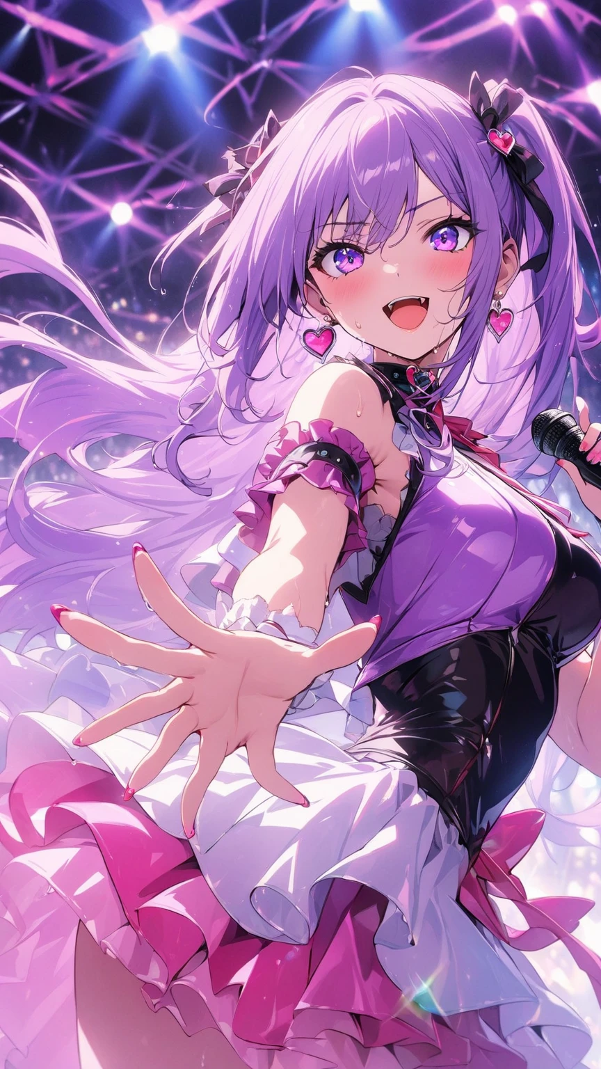1girl (masterpiece, round_iris, extremely crisp crystalline shiny purple eyes, perfect_anatomy, extremely_captivating_hypnotic_mystic_eyes, ) perfect face, long pink hair, smiling evil, big breasts, Popstar, on stage, singing, singer, japanese pop group, dynamic pose, best quality, 4k