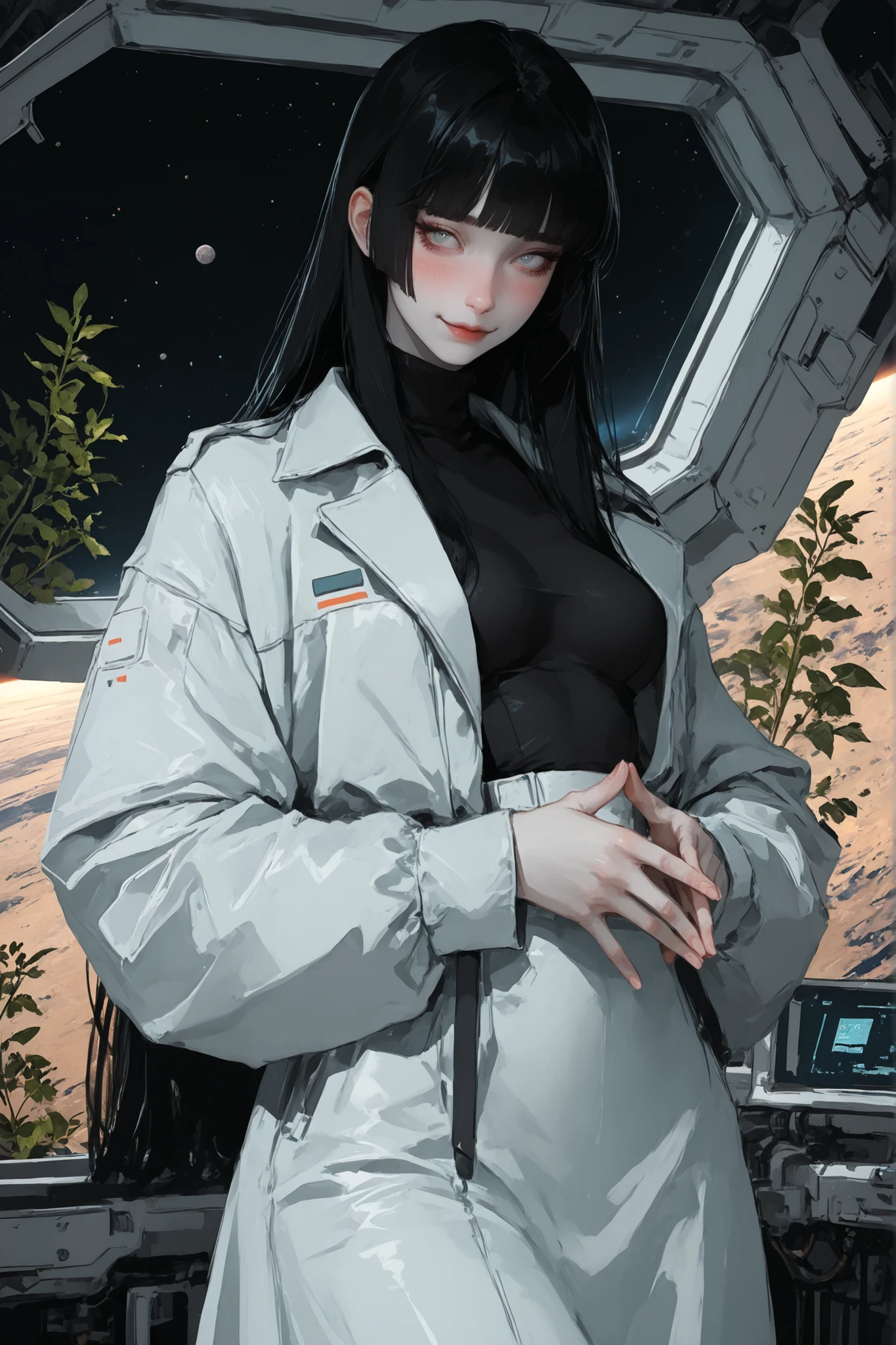 solo, female, long straight black hair, straight bangs, hime cut, light blue eyes, slender, thin, very tall, black turtleneck, elegant space clothes, pale white skin, stylish clothes, medium breasts, window, space laboratory on the moon, dandere, futuristic, cybernetic augmentations, small smile, faint blush, steepled fingers, jacket, casual, plants