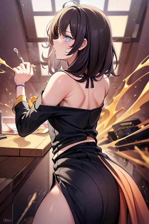 ((((masterpiece, best quality, high resolution)))), 1girl, ((Goddess of beauty)), thicc ass, image from behind, smile, light smile, parted lips, glow, thighs, bare shoulders, collarbone, narrow waist, (masterpiece), (beautiful detailed face, beautiful detailed eyes), (chinease cheongsam, forest),hanabi\(boruto\)