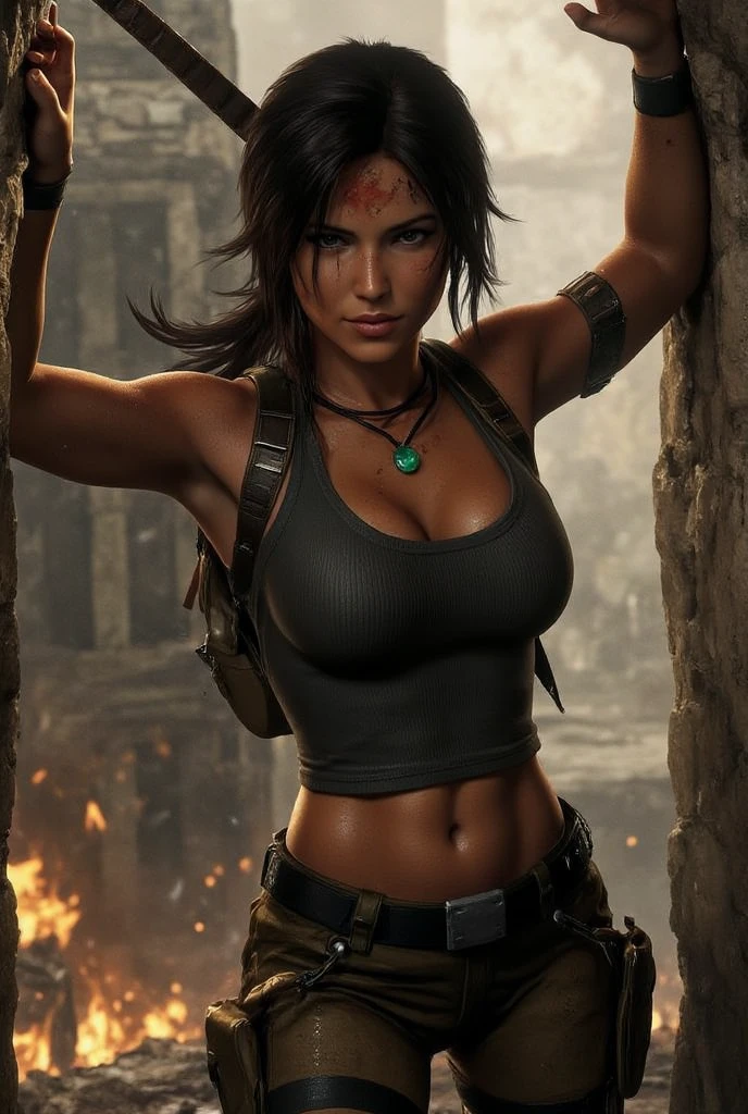 Lara de Tomb Raider, "Rise of the Tomb Raider face" Olhos determinados, Luz Suave, 4k, tiro de corpo inteiro, usando short preto, usando regata preta, usando botas pretas