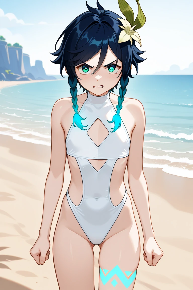 masterpiece, best quality, 1girl, gris, solo, blue eyes, freckles, blush, blue hair, short hair, bangs, black choker, smug, black gloves, black bikini, collarbone, looking at viewer,  thick lineart, sand, sea, blue sky, beach background <lora:Gris:1>