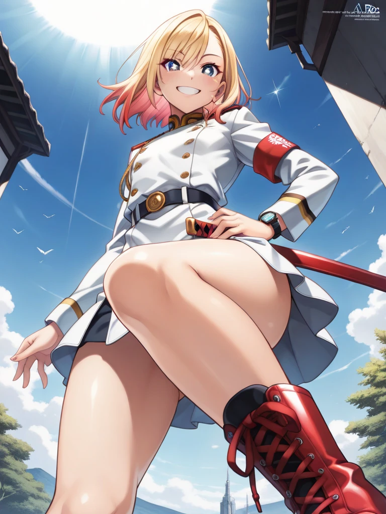 solo, blonde hair, uniform, military, red military uniform, blue eyes, short hair, pantyhose, headset, breasts, 1girl, belt, medium breasts, ass, <lora:Yasuda akira_XL:0.8>
