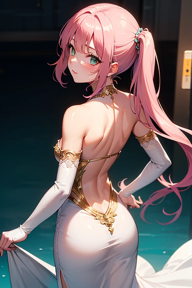 pink eye, pink hair,
BREAK (thigh highs, white thigh highs:1.2)
BREAK casino,
BREAK from back view、Look back with a sideways glance,
BREAK (masterpiece:1.2), best quality, high resolution, unity 8k wallpaper, (illustration:0.8), (beautiful detailed eyes:1.6), extremely detailed face, perfect lighting, extremely detailed CG, (perfect hands, perfect anatomy),
