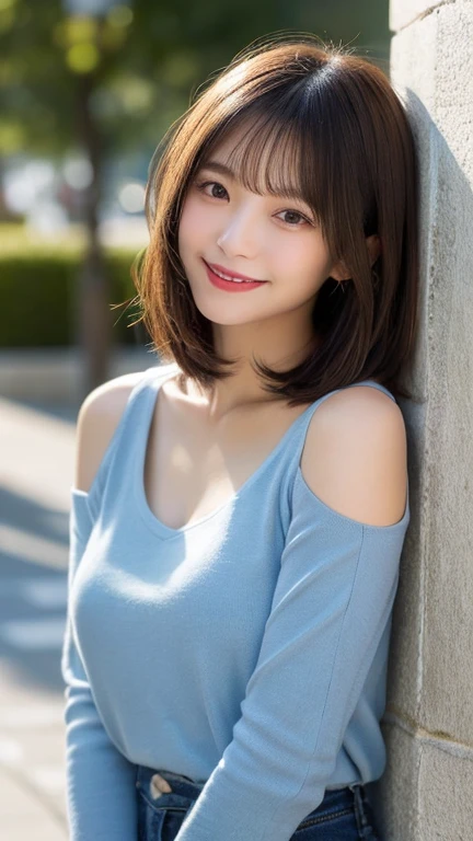 Medium Shot、((Upper Body))、(highest quality:1.5)、(Realistic:1.5)、(1 person:1.5)、(Very detailed)、(High resolution)、8k、((Wear an off-the-shoulder sleeveless sweater))、Slightly small breasts、Natural color lips、Cute Smile、20-year-old girl、(Beautiful and elaborate face)、(Perfect and beautiful face)、(Big eyes)、(Beautiful and elaborate face)、(Beautiful, balanced eyes)、Perfect and beautiful double eyelids、Perfect and beautiful face、Arched eyebrows、 Thin eyebrows、Feminine poses、Slim face、Slim figure、Beautiful and thin nose、 Beautiful Skin、(Medium Bob Hair)、Natural Bangs、Fair skin、Front lighting、(Lighting the face)、(Beautiful cleavage)、Deep blue eyes、Slim waistline、Sitting in a flowerbed in the garden、Garden with blooming roses、