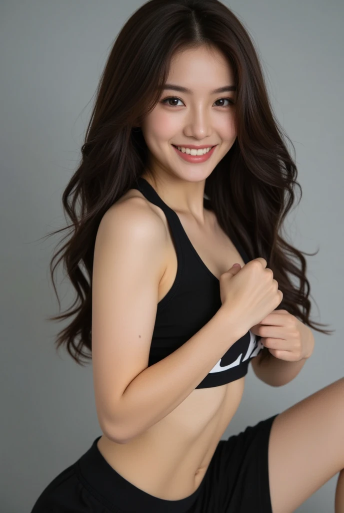 (8K、Highest quality、masterpiece:1.2)、(Realistic、Realistic:1.37)、Sleeveless、black、mini skirt、Random hairstyle、Very detailed、Ultra-high resolution、1 Girl、Strange clothes、Beautifully detailed face、Laughter、narrow、(Slim waist) :1.3)、Beautiful and detailed skin、Skin Texture、Floating Hair、Professional Lighting、Human whole body、smile、22 years old、子供っぽいsmile、Sappin''''''''、Moisturizing lips、Pale pink lips、Upper body naked、Lace green underwear、Micro size underwear、Umbilical cord prolapse、F cup breasts、Cleavage、Panty shot