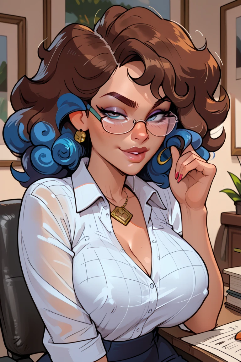 (dasha taran),upper half of body,Big eyes,small face,long sleeve button down shirt,librarian suit,in the dark,thick body:1.8,huge breasts:1.6,Loose and fluffy curls,lustrous skin,smile