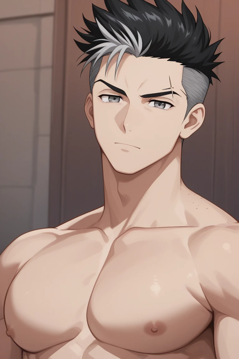Yuji Itadori from Jujutsu Kaisen, wearing black pants, clenching fists, slightly muscular, defined body, shirtless, abs, big legs