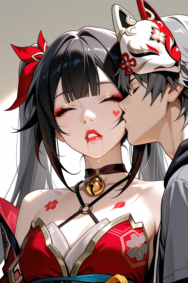 anime artwork, score_9, score_8_up, score_7_up, score_6_up, score_5_up, score_4_up,sparkle \(honkai: star rail\),1girl, twintails, black hair, small breasts, red eyes, red eyeshadow, fox mask, , , , , she is 24 years old, , ,horny, style_3, floox style, . She has fluorescent pink eyes with tiny black dots under each of her eyes.. naked, , bedroom, nude,naked, 1boy, prone bone, sex, vaginal, grey background, head in pillow, boy's head out of frame, blush, nose blush, motion lines, looking down, muscular male, biting pillow, emphasis lines, . white-and-red Kitsune mask is at an angle on the top of her head, which has a pink flower gem on its forehead. Below it, a bell is tied into her hair,