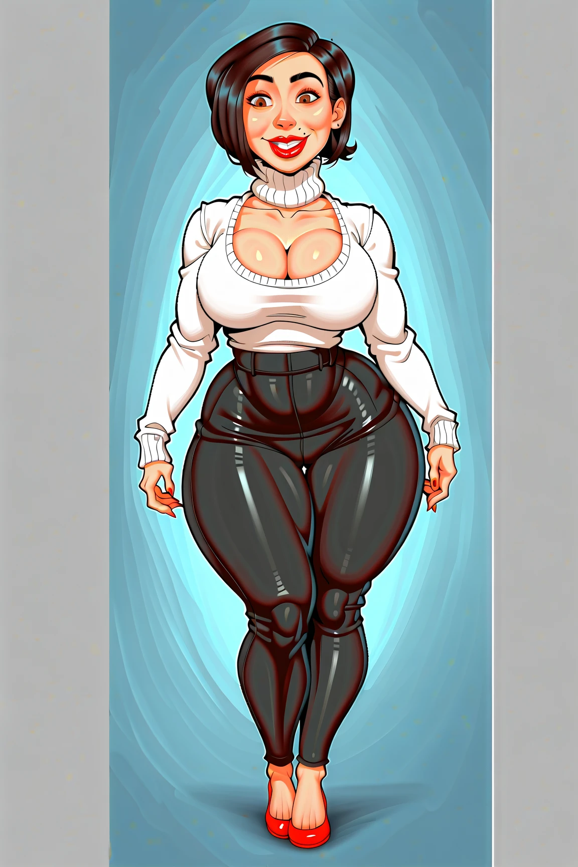((Velma)) scooby doo, thick black glasses, reference sheet, concept character, character design, sketch,doodletits,, sexy lips, (gigantic breasts:1.2), breasts, official illustration, short brown hair, orange oversized sweater, red skirt, illustration, detailed face, beautiful intricate eyes, curvy milf, 1:2), closeup, titsnipples, hourglass waist, slendered ans, wide hips, short orange socks, black heels