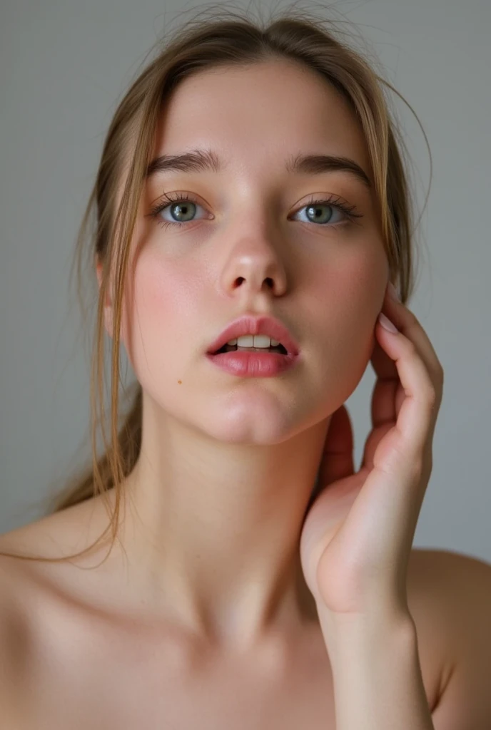 realistic photo of a young blonde woman with her finger resting on her nose