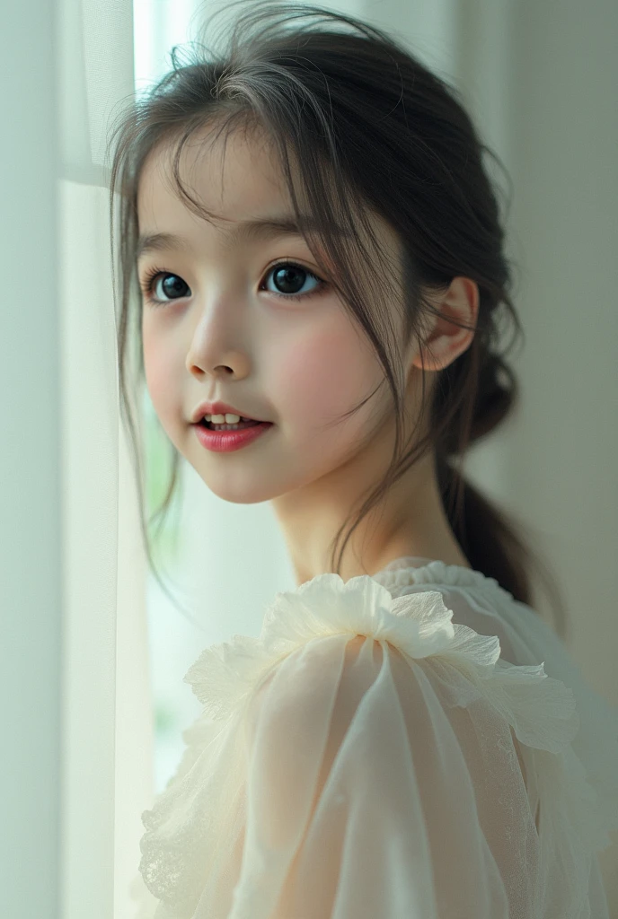 ((Highest quality)), ((Photo quality)), (detailed), Perfect Face,12 years old,Upper Body,Thin arms,White skin,bed,Sheer blouse