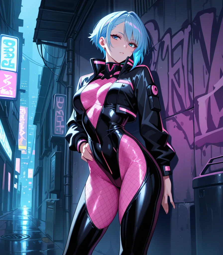 Woman 30 years (Cherry Crush pov), short white hair, sidecut hair, tight sexy white swinsuit, low-cut, black leather jacket, cibernetic accessories, black tight shorts, no bra, beautiful face, super detail eyes, perfect eyes, medium breasts, wet and soft, leaning forward, arms and hands resting on the leg, close, sensual pose, fiery and lascivious wanting more, nice thighs, head turned to look at viewer, perfect hands, blue eyes, purple lipstick, neon lights, cyberpunk, cyberpunk neon nighttime scenarium