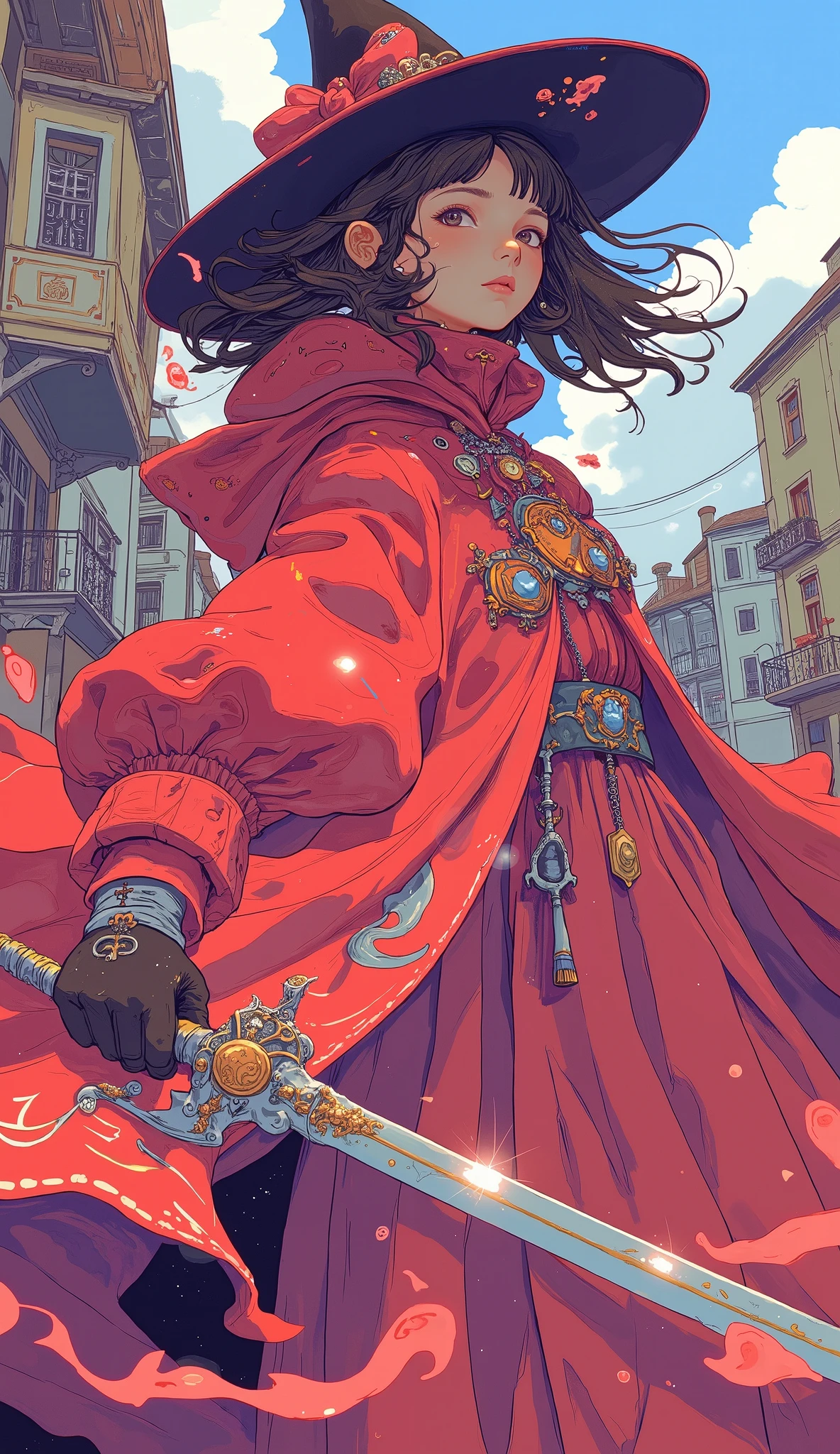 exudes skill and elegance, costumes reminiscent of the. キャラクターteeth風に合わせて劇的に流れる印象的な赤いマントを着ています, add dynamic movement to the scene. Wide-brimmed , exquisite clothing A vibrant and stylish image depicting a figure wearing, Ensemble . コスチュームにteethパフスリーブと複雑な装飾要素を備えたクラシックな黒と白のドレス, in、Historical、exudes a whimsical。. キャラクターteeth細い, ornate rapier, Have、theatrical sense that enhances bold colors。. あちこちに散らばっているのteeth、era, scattered all over may indicate。A whimsical. Header Text "S.T" teeth背景に現れ, teeth、exudes skill and elegance. whole, 鮮やかなカラーパレットとすっきりとしたラインが魅力的in活気のある雰囲気を作り出しています。