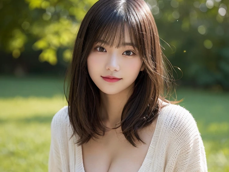 masutepiece, Best Quality, Illustration, Ultra-detailed, finely detail, hight resolution, 8K Wallpaper, Perfect dynamic composition, Beautiful detailed eyes, she is wearing a black long sleeve knit,Medium Hair,Natural Color Lip, Bold sexy poses,Smile,Harajuku、20 years girl、Cute、Sexy shot looking at camera、C Cup、Brown hair、cacique#39;s face、Blurred night mountain campsite bonfire background