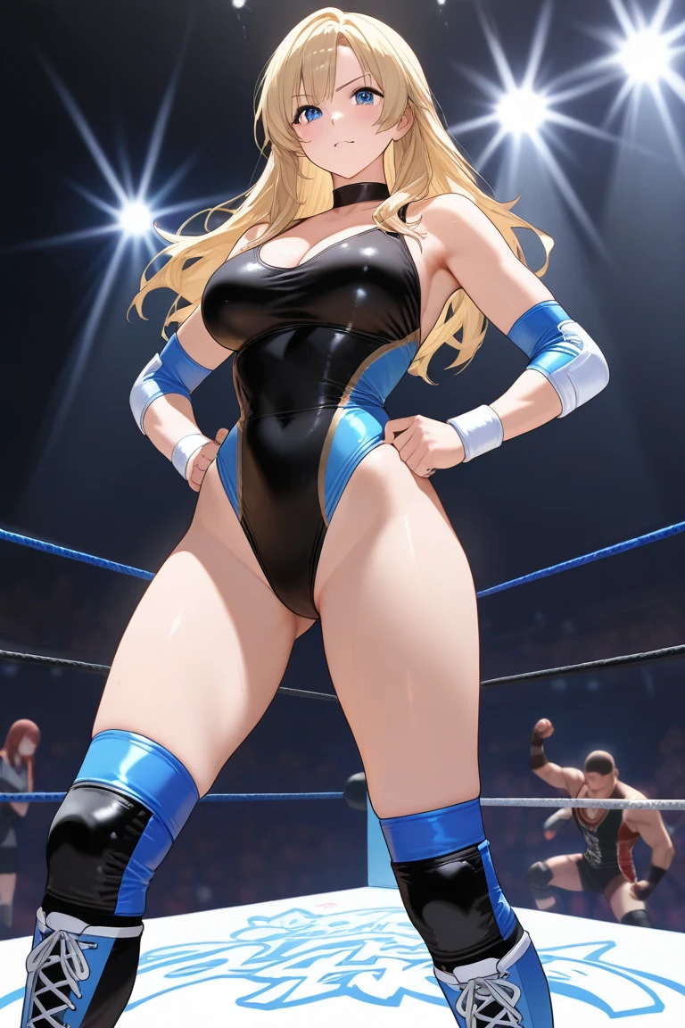 (Absurdres, master piece, best high quality image, very detailed features, very detailed textures, carefuly detailed artwork, solo character, back view)
{{1character: 40 years old beautiful blonde woman, (fair skin, blue eyes, blonde golden long hair tied in a high ponytail with a long crimson ribbon, voluptuous figure, big breasts, beautiful legs, beautiful arms, serious calm expression, defensive wrestler pose) (light-grey one-piece wrestling leotard, blue wrestling boots, cleavage), (gym wrestling ring))}}