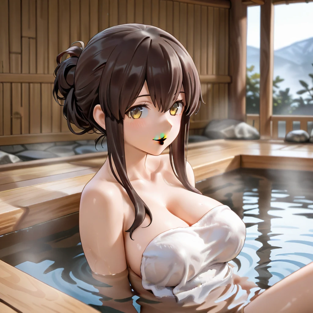 (ultra detailed eyes), (ultra detailed face), high quality, best image quality, masterpiece, age girl, 18 years old, very cute and beautiful girl, ((Naked:1.2)), ((Nude:1.2)), (Pubic hair:1.2), (onsen:1.2), (night:1.2), (light up:1.2), (soak in water, wet:1.2), (Sitting,indian style:1.2), (hot spring), medium black hair, (hair updo), medium breasts, (smile:1.2), ((Finest quality)), ultra high resolution, ultra-detailliert, Meticulous portrayal, ((Best Anime)),