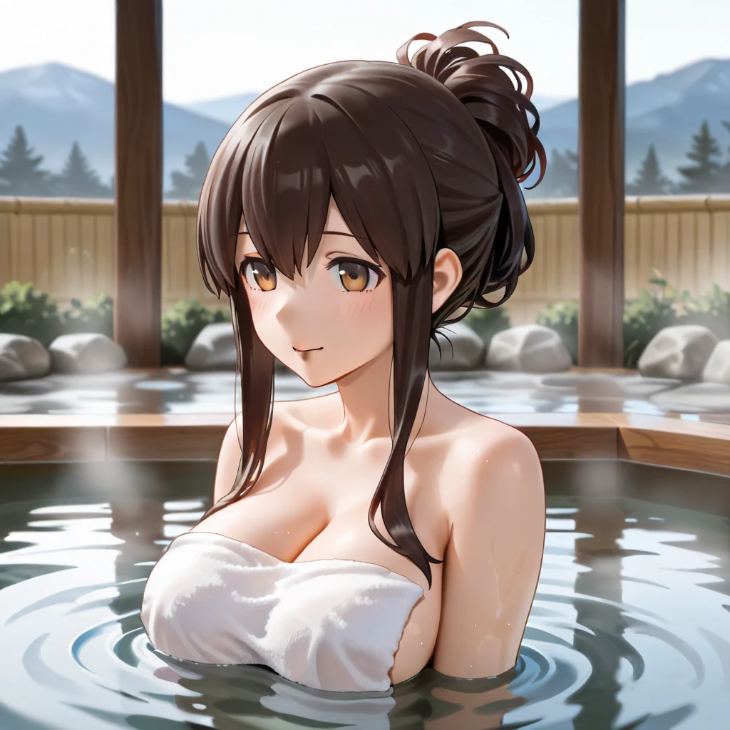 A hot spring resort in the mountains of Japan,Beautiful mountains in the background々,(Hot water smoke obstructing the view Water vapor rising from the bathtub:1.3),(Rock bath open-air bath:1.3),(Take a deep shoulder soak in the open-air bath:1,3),Upper body naked,Immaculate white tube top bra without shoulder straps,Hold a hand towel to hide your breasts,blush、Laugh shyly、(Beautiful girls)、(Reddish-brown shorthair、hairpin、ponytail、Floating Hair、)Huge 、blush with embarrassment、Dreaming eyes、A smile that captivates the viewer、Look at the photographer、Sweaty skin、Gazing at the audience,necklace、Earrings、Pointed red mouth,Perfect round face,,Proper body balance,Intricate details,Very delicate and beautiful hair,Photo realistic,dream-like,Professional Lighting,Realistic Shadows,Focus Only,Beautiful Hands,Beautiful fingers,Detailed characteristics of the fingers,Detailed arm functions,Detailed clothing features,Detailed hair features,Detailed facial features,(Tabletop,Highest quality,Ultra-high resolution output images,) ,(8K quality,),(Picture Mode Ultra HD,)