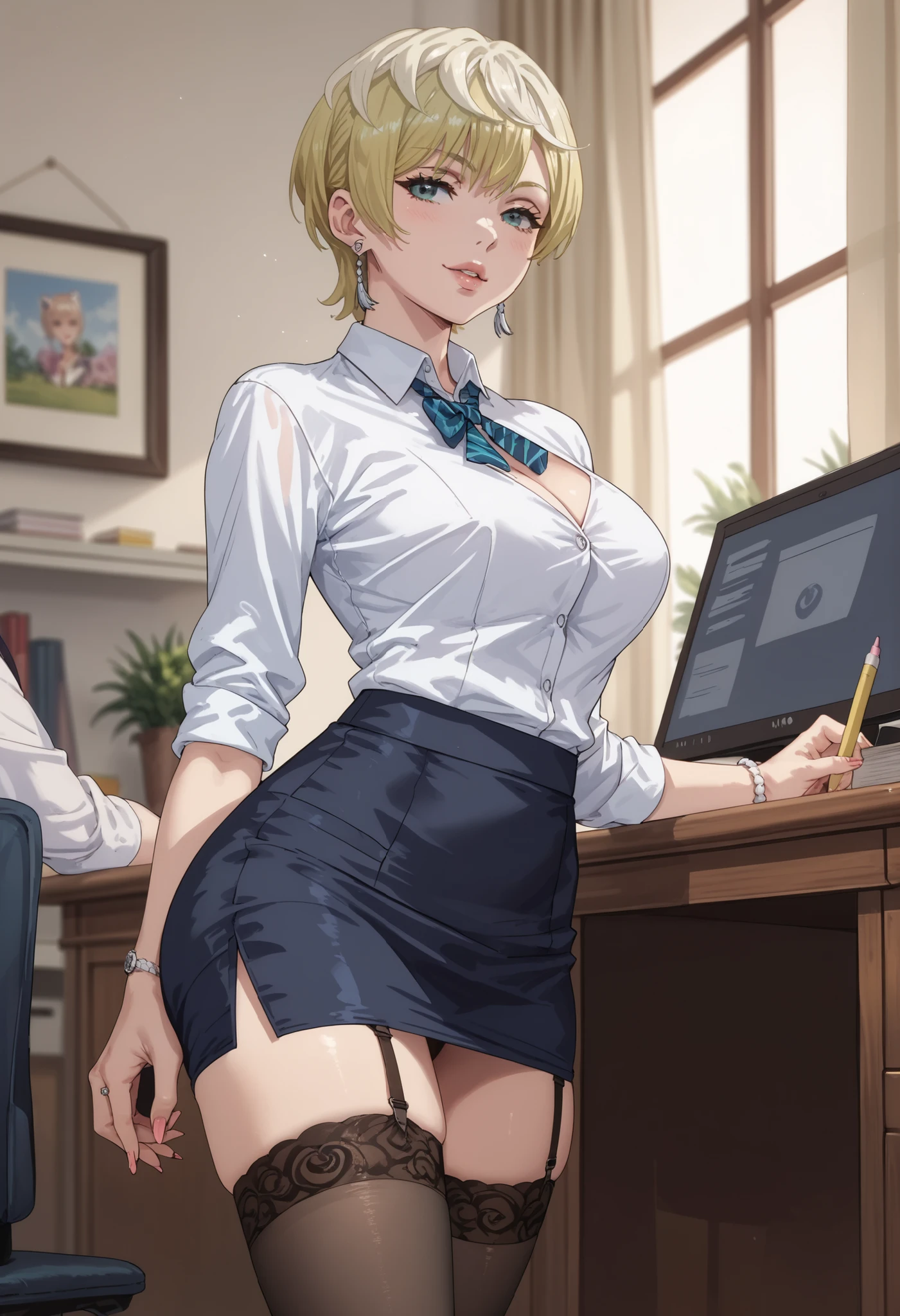 Tenka Izumo sexy secretary in short pencil skirt and stockings