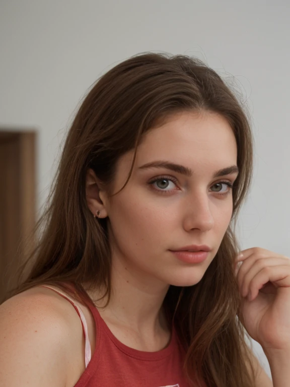 photo,8k,sharp focus,beautiful woman,close up,t-shirt,(detailed eyes:0.8),(looking at the camera:1.4),(highest quality),(best shadow),brown eyes,rim lighting,two tone lighting,dimly lit,low key,intricate details,interior,ponytails,ginger hair:1.3,open mouth:0.7,freckles, full body, nude