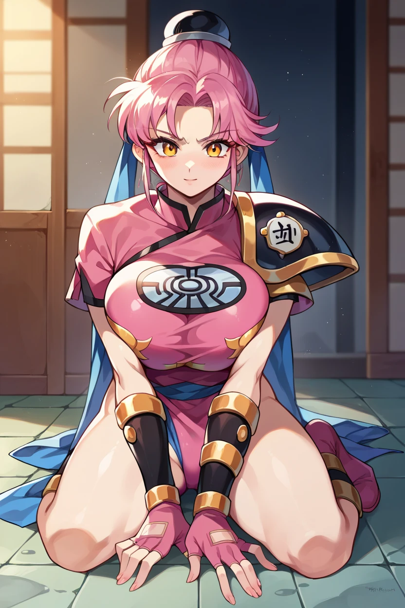 (masterpiece, Highest quality,Brown sparkling eyes, Delighted:1.2,blush,Nipple marks, :1.1,), ,, One girl,, Facing the viewer, short hair, Pink Hair, Parted bangs, (Fluid from groin、Good cover,:1.1) , Fingerless gloves, Pink gloves, Pink Chinese Dress,Gold micro bikini, Pink Dress, ribbon, boots, The background is a dark cave:1.2 ,(nsfw:1.3), Hair Bun, short hair,Cel animation style:1.2