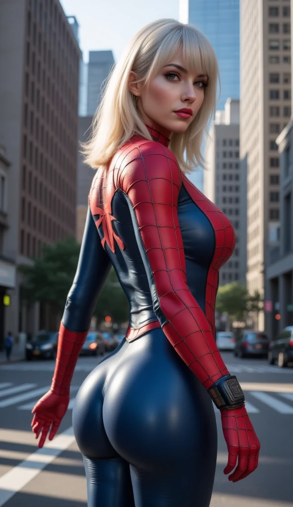 Sexy Cosplay Spider-Man Woman Big Breasts Thick Thighs Wearing Spider-Man Uniform Showing Big Ass Blonde