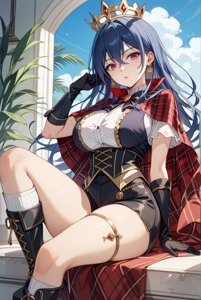 A giantess succubus with long hair stands in the middle of a small town. The camera perspective is from below, which emphasizes her imposing stature. The giantess wears an outfit that accentuates all her curves, especially her long legs and large calves. Her posture, with her hands on her hips and a defiant expression on her face, exudes dominance. The tall buildings around her seem tiny in comparison.