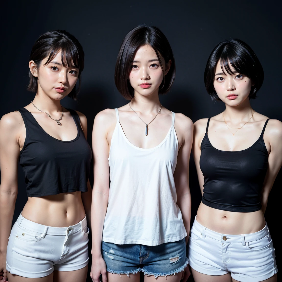4 people、masterpiece, Top-class, Realistic, Lisa in a short tank top and bloomers for sprinters, Bare waist, High resolution, Photography lighting, 16k