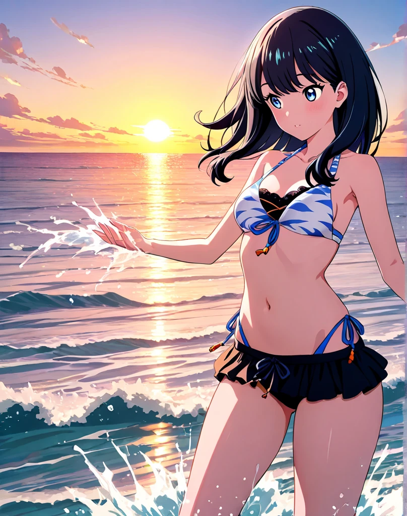 shinkai makoto, kimi no na wa., 1girl, bangs, black hair, brown eyes, twisted half up, red ribbon, long hair, shinkai makoto, kimi no na wa., smile, outdoors, summer, solo, sexy pose, arms up, people in background, beach, open mouth, blush, looking at the viewer, cowboy shot, blue sky, happy, cloudy_sky, bikini, white bikini, masterpiece, masterpiece,