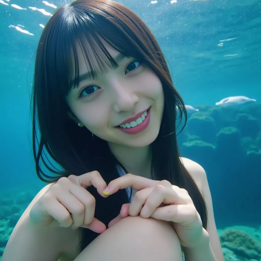 Cute and beautiful with semi-long hair20A voluptuous Japanese woman in her late twenties is diving underwater and flashing a peace sign at the camera with a big smile.。she、She looks very cool in her micro bikini。There are lots of beautiful tropical fish swimming around.