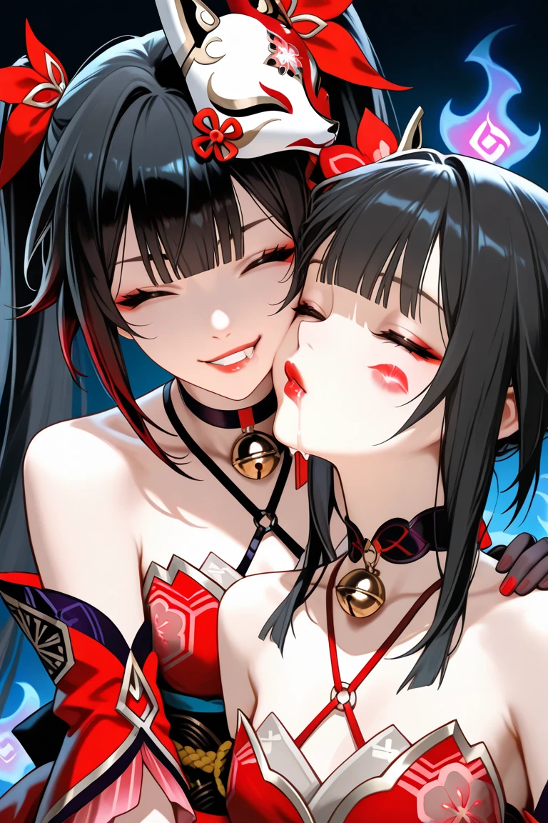 Magic Kiss.Red lips,love,2 girls,Fox ears,Kiss each other,antipodeans,black and white,Lace bikini cheongsam,Carnation Sea,Grand scene