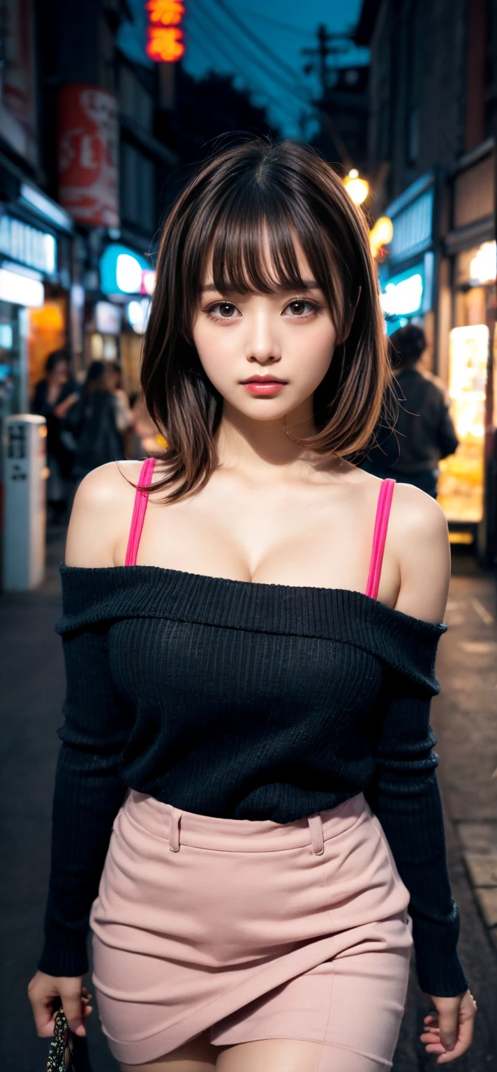 1girl、Streets of Tokyo、natta、A city scape、city light、The upper part of the body、a closeup、8k、RAW Photography、top-quality、masterpiece、realisitic、Photorealsitic、Cleavage of、Small breasts