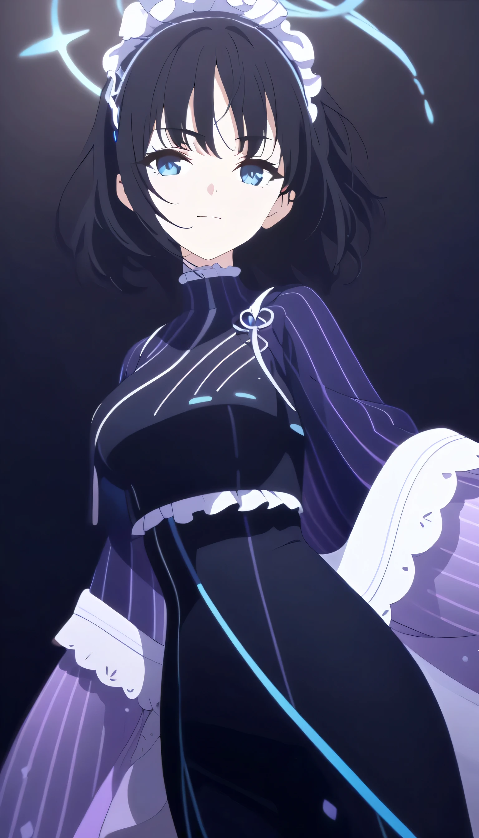 masterpiece, best quality, cg art, solo, 1girl, black hair, short hair, cerulean blue eye, medium breast, lavender idol outfit, standing, looking at viewer, neutral expression, calm, composed, slight smile, pitch black background only
