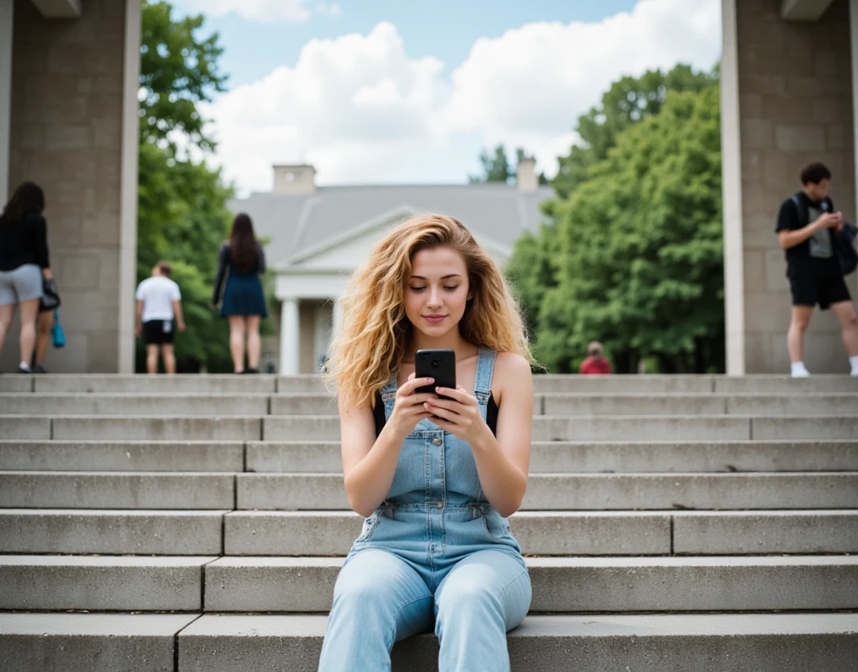 Cinematic daytime scene, frontal low-angle (contre-plongée) view of a young woman with long, voluminous peach-blonde curly hair, sitting casually on the stone steps of a classical university building. She wears light denim overalls over a black sleeveless top, exuding a fresh and youthful energy. She is fully absorbed in her smartphone, with a gentle, serene smile.
Her appearance is clean and natural — no tattoos, no piercings — emphasizing a pure, unfiltered look. The camera focuses softly on her, using a soft focus aesthetic that gives the image a slightly dreamy, atmospheric texture.
In the background, other students appear blurred and out of focus, walking or sitting, contributing to a lived-in university environment without drawing attention from the central figure.
The setting includes elegant university architecture with tall columns and wide stone steps, framed by lush green trees and a blue sky with light clouds.
The lighting is natural and diffused, creating soft highlights and smooth shadows, with a subtle cinematic haze. The composition uses shallow depth of field and a soft lens effect, giving the image a poetic, introspective feel, evoking themes of youth, contemplation, and quiet presence.
--style ultra-realistic, soft focus, shallow depth of field, 35mm lens, natural diffused sunlight, indie film color grading, blurred background figures, dreamy atmosphere