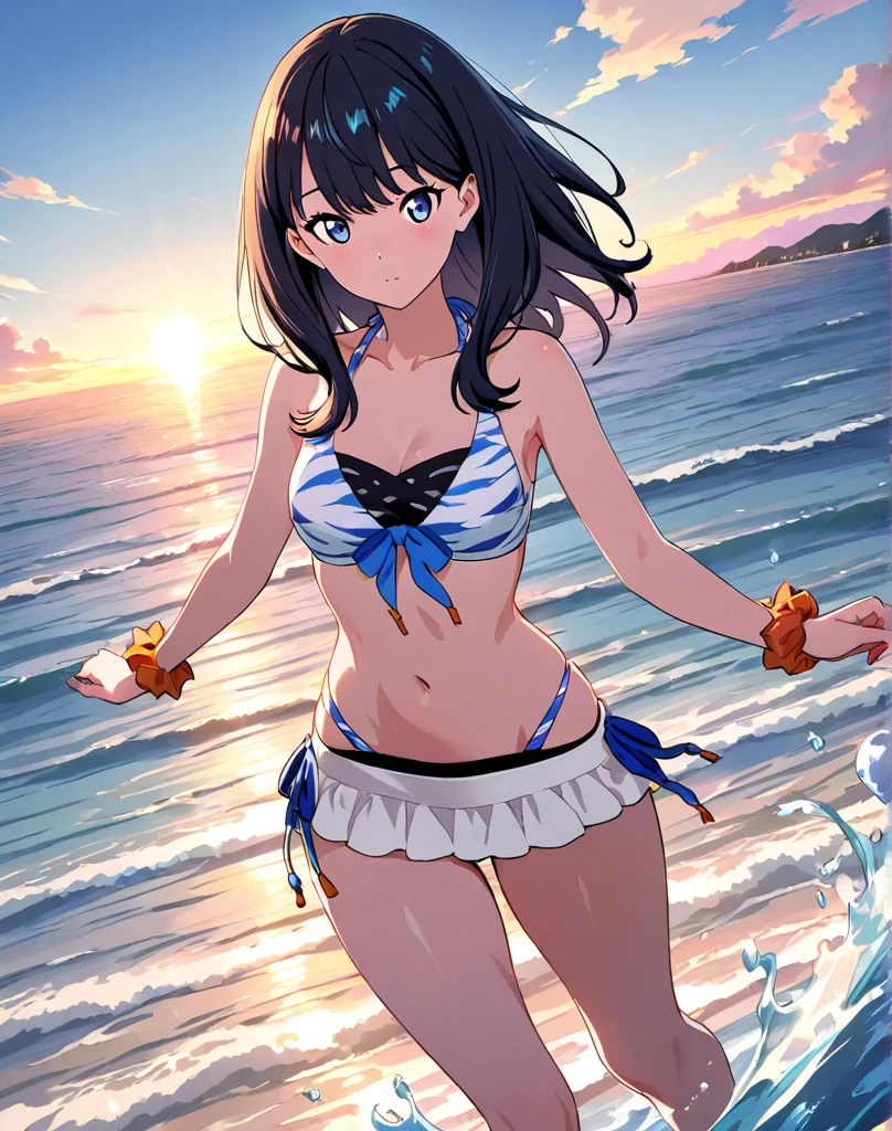 1girl, bathing suit, Jewelry, bikinis, Smile, little chest, blusher, open mouth, skye, hetero, Cloud, Hair Flower, couple, flower, bellybutton, A bracelet, frills, looking a viewer, Day, exteriors, ocean, Kimetsu no Yaiba style, 1girl, Medium curly hair, Sloppy hair, navy blue hair, Two curly strands in front, Bangs, blue eyes