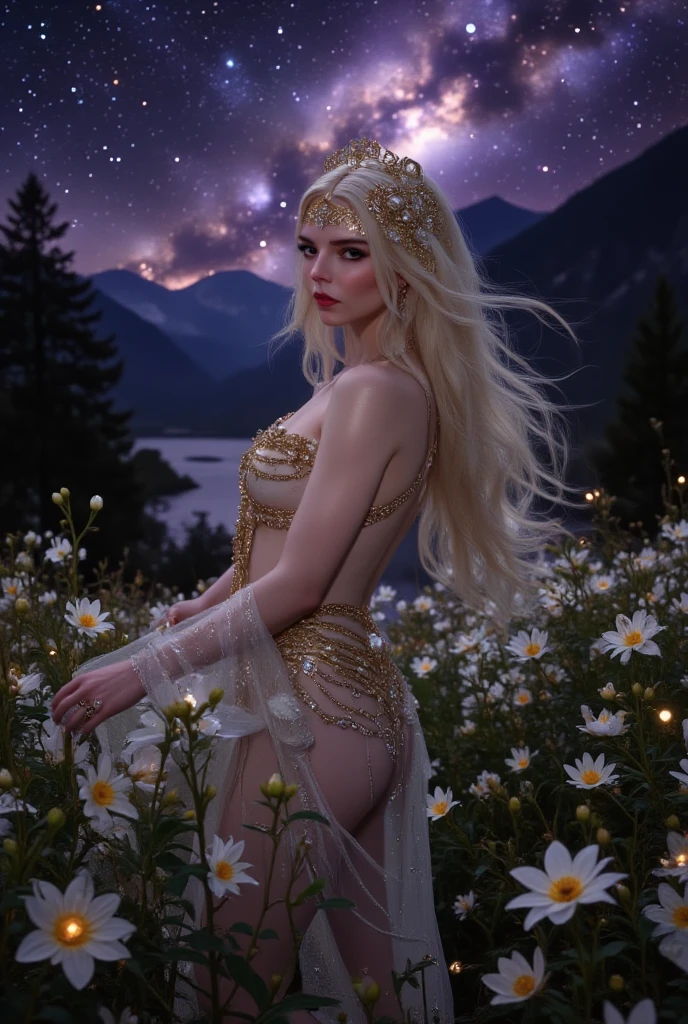 Create an image combining elements of fantasy and romance, featuring an ethereal aasimar named Seraphiel Moonwhisper. Portray her as a celestial maiden bathed in soft, warm light with platinum blonde hair shimmering like moonbeams. Dress her in a flowing, translucent white gown adorned with crystals that refract light like miniature diamonds. Position in a gardern under the moon. Capture Seraphiel's serene expression, evoking a sense of peace and tranquility. Ensure the composition conveys her grace, purity, and unearthly beauty, mirroring her virtuous personality and latent desires. Utilize vivid colors, sharp details, and atmospheric lighting effects to produce a high-quality AI-generated artwork that transcends reality and transports viewers into Seraphiel's enchanting realm. (no wings:1.5). (no wings:1.5)

Confidence level: 90% | Output Format: JPEG, PNG, or equivalent suitable for web display. Resolution: Minimum 3000x3000 pixels @ 300DPI. Color Mode: RGB. File Size: Less than 10MB. Aspect Ratio: Square or 16:9. Style Reference(s): Romantic Fantasy, Ethereal Beauty, Celestial Creatures. Keywords: Aasimar, Seraphiel Moonwhisper, Angelic Maiden, Starpocalypse, Transcendental Harmonies.