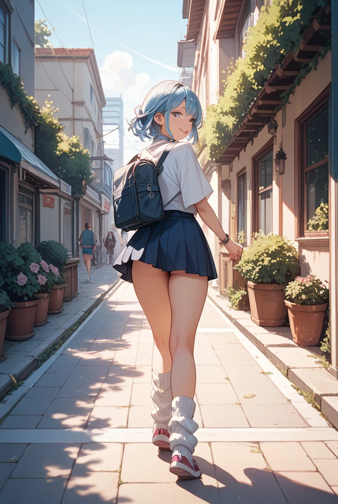 (Highest quality illustrations:1.2), (Kawaii Girl:1.1), (1girl in:1.5, 独奏:1.5)、One pose、The upper part of the body、a closeup、((posterior view:1.5))、(photographed from the back)、(taken from the under:1.5)、pantyshot、 (1girl in、18year old、One pose、huge smile、Open your mouth and laugh、cute little、Medium chest:1.5、ultradetailed eyes:1.2)、(beauty breast)、((blue eyess、Blue hair:1.5))、(shorth hair)、Short bob hair、thin-waist、small ass、skinny thigh、 (high-school uniform。Dark blue blazer、overcoat、white shirt、Blue Ribbon、White pleated skirt),School bag、A smile、BREAK(top-quality、ultra-detailliert、highly detailed and beautiful、超A high resolution、Detailed arm:1.2),Morning scenery、Autumn sky、Colored leaves、Run up the stairs、Angle from below
