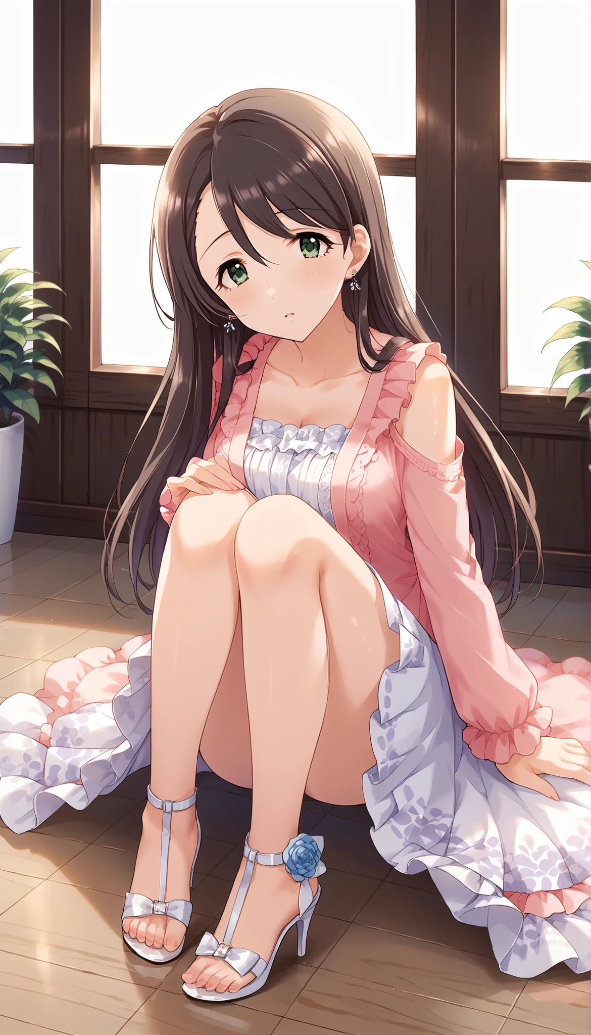 (((masterpiece))),(((High Quality))),(((Nishikawa Honami))),Pink Sleeveless Knitwear,white skirt,indoor,((taken from the front)),medium breasts,open chest,thighs,Sitting on the floor holding your knees,sits on the floor,long hair,Ulchan-6500-v1.1, ( RAW photos :1.2), beautiful detailed, very detailedな目 美しい目,beautiful eyes,GREEN EYES ,large file size, high definition, very detailed, Highest Quality, [masterpiece:1.6], Awareness-raising, very detailed, CG, finely, Highest Quality, 8K wallpaper, perfect figure,very detailed,Bare legs,white high heeled sandals