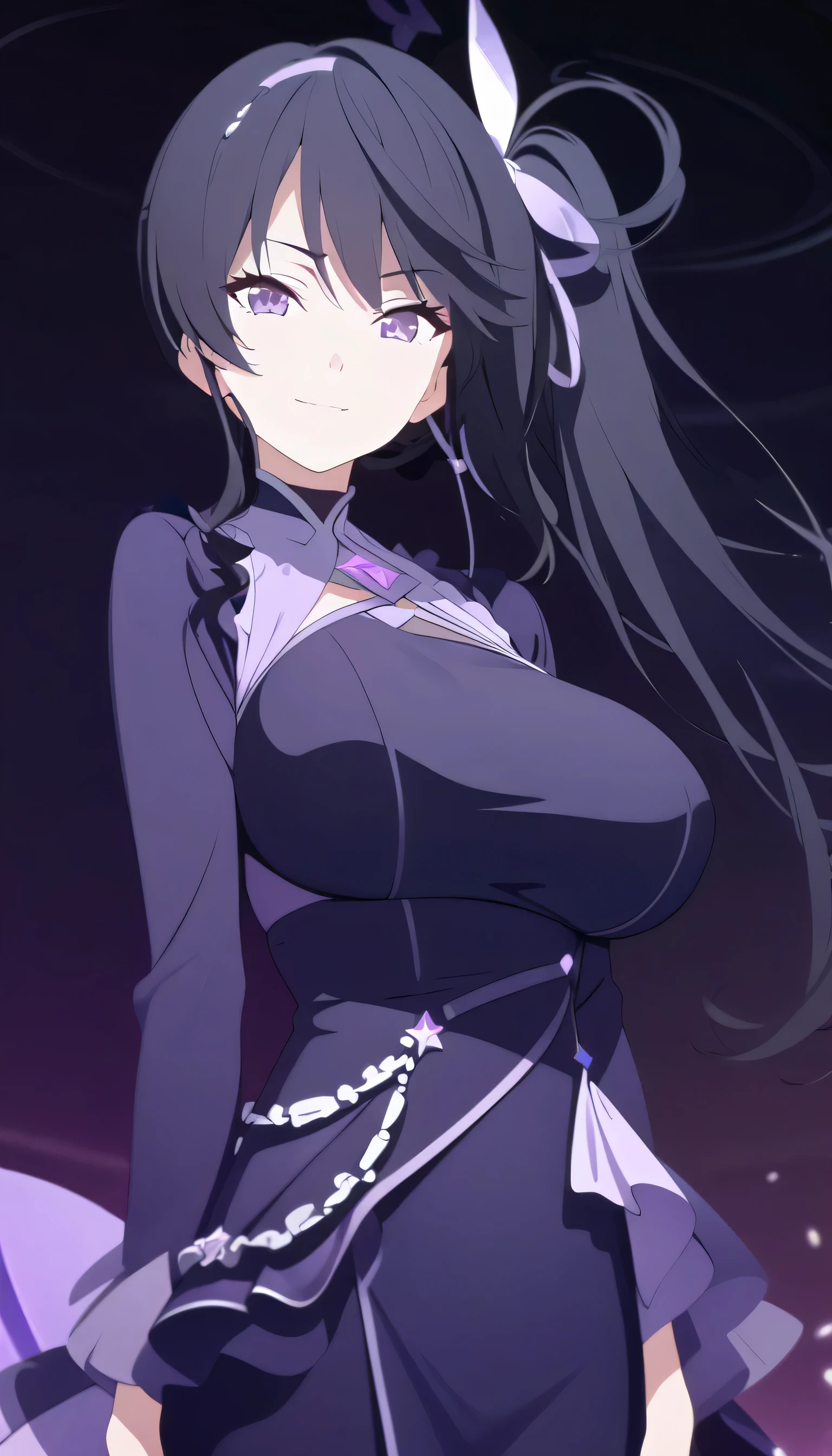 masterpiece, best quality, cg art, solo, 1girl, black hair, side ponytail hair, lavender eye, medium to big breast, lavender idol outfit, standing, looking at viewer, calm, confident, smiling, pitch black background only